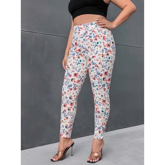 Faded Glory Denim - Faded Glory Floral High Rise Skinny Jeans White Pink Blue Plus Size 18W VGC